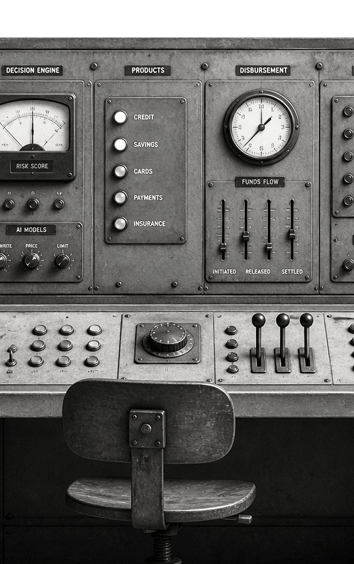 Vintage control room console with decision engine and product switches